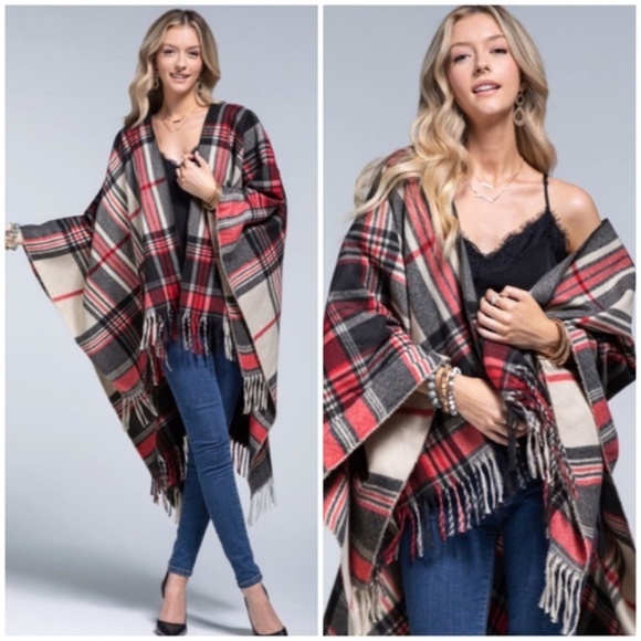 Scarlet Red Holiday Plaid Fringe Accent Knit Fall Winter Ruana Wrap Open Poncho - Picture 1 of 4